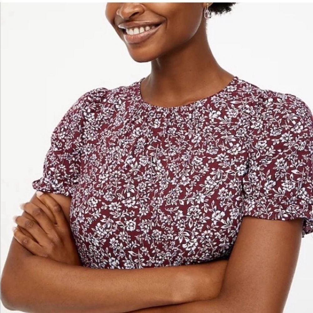 J. Crew Burgundy Floral tiered Puff Sleeve Midi Dress Size XS - Picture 11 of 16